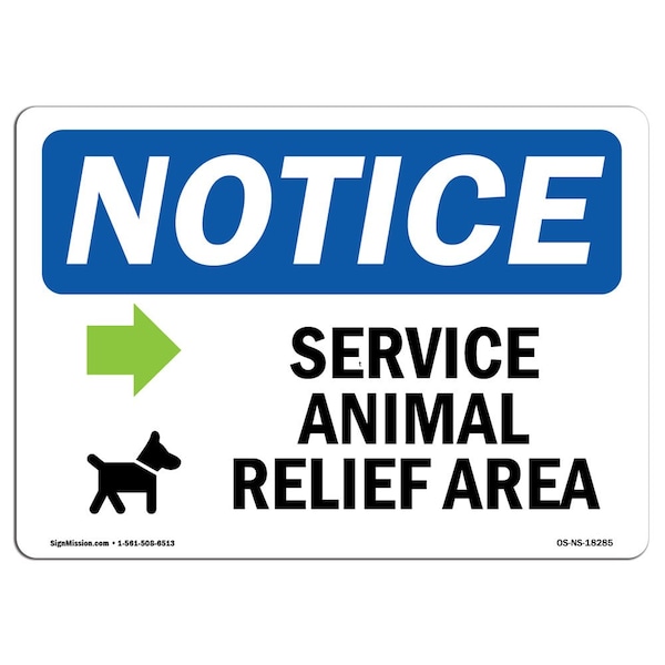 OSHA Sign, 18" H, Rigid Plastic, Service Animal Relief Area (Right Sign With Symbol, Landscape